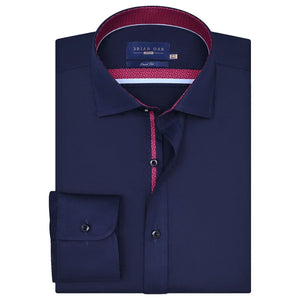 Men's Navy Designer Satin Dress Shirt - Brian Oak - 1