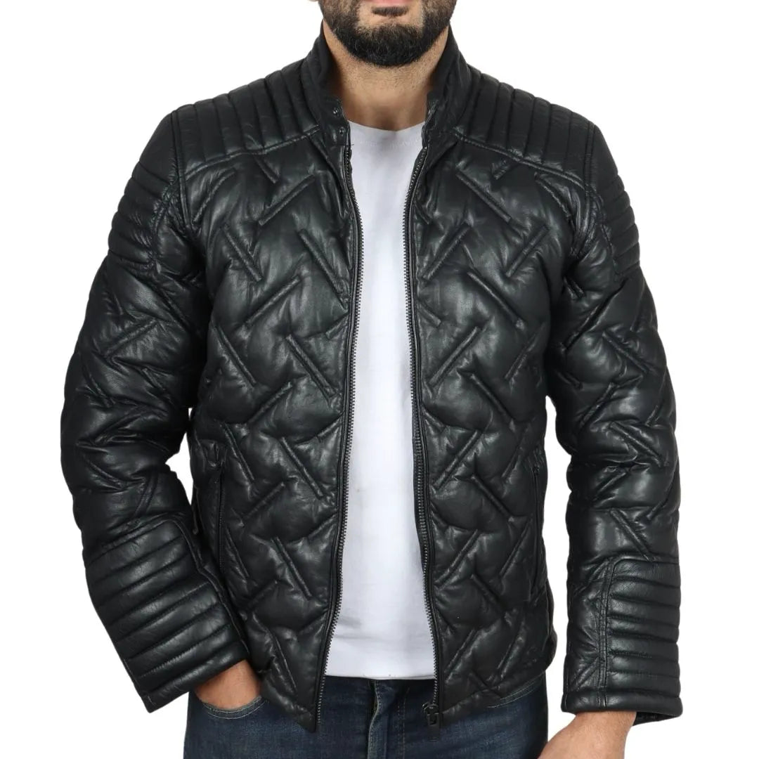 Men's Quilted Puffer Padded Biker Real Leather Jacket