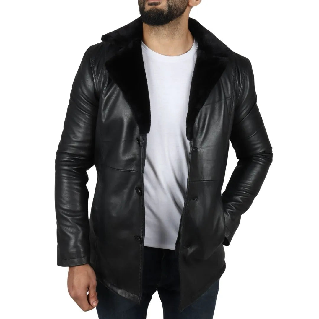 Manteau doublé de fourrure en cuir véritable pour hommes