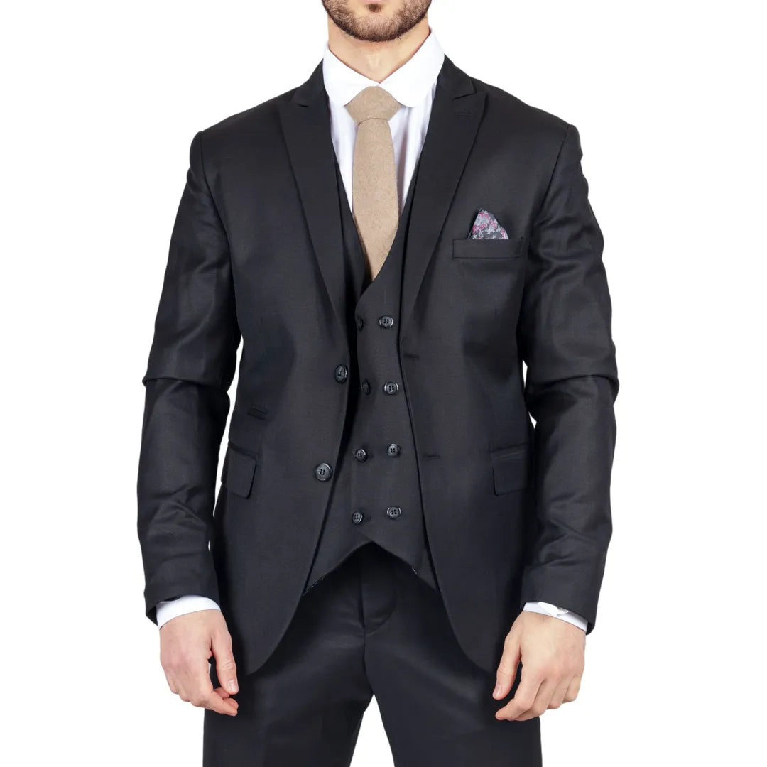 Costume noir pour homme 3 pièces veston croisé style chic habillé