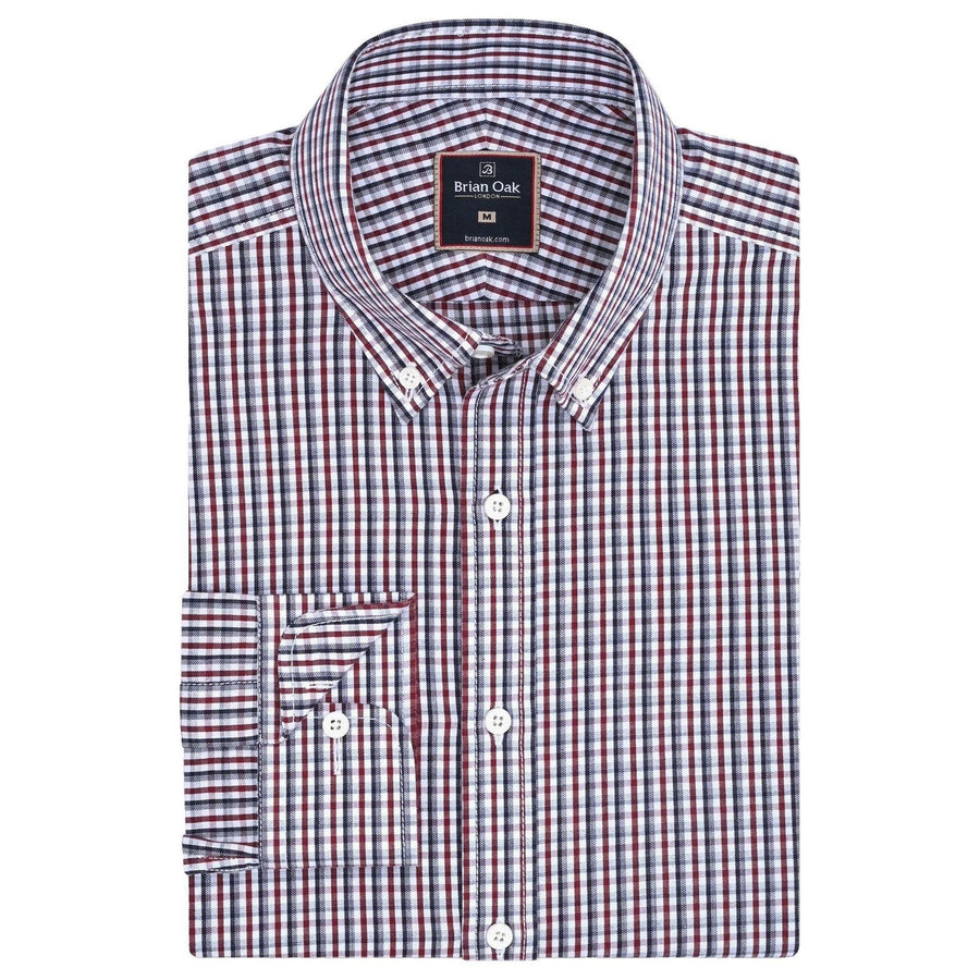 Men's Casual Checkered Shirt - Dark Maroon Cotton - Brian Oak - 1