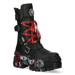 Bottes New Rock WALL0288B-C1 boots unisexe cuir noir détails métalliques semelle compensée style gothique