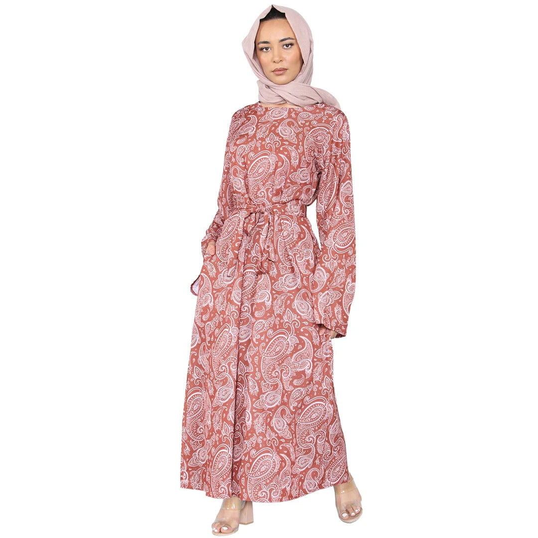 Damen Blumen Paisley Abaya Mit Gürtel Islamisch Sommer Jilbab Robe Dubai Saudi Modest
