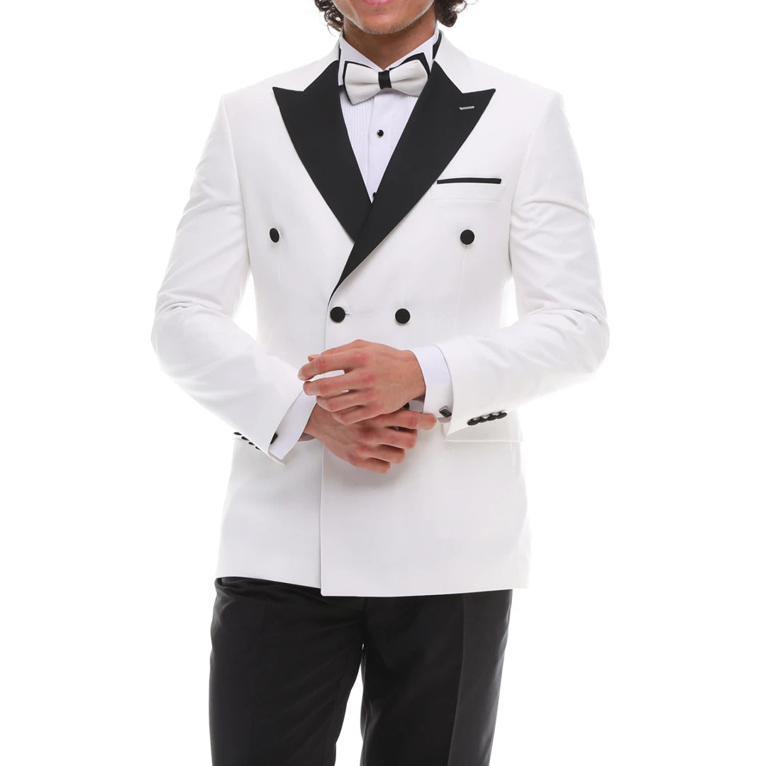 Traje cruzado para hombre: un esmoquin clásico para bodas con corbata negra y detalles en blanco y negro.