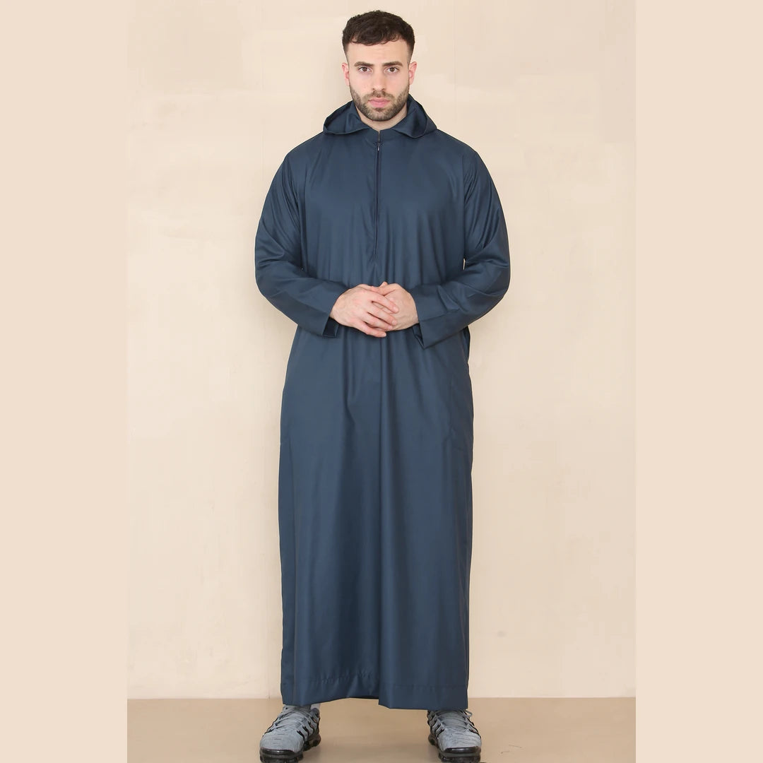Men's Hooded Thobe Nehru Collar Islamic Clothing Muslim Kaftan Robe Saudi