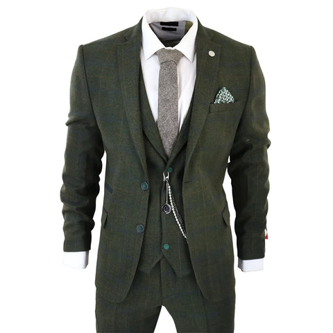 TruClothing Men s 3 Piece Suit Wool Tweed Herringbone Olive