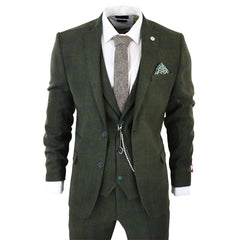 Costume homme 3 pièces tweed vert de laine mélangée à carreaux bleus et marron style années 20 habillé festif