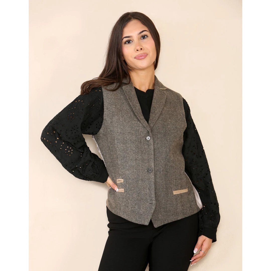 Damen Herringbone Tweed Weste Blazer Eiche Braun Klassisch Vintage Schießen Jacke
