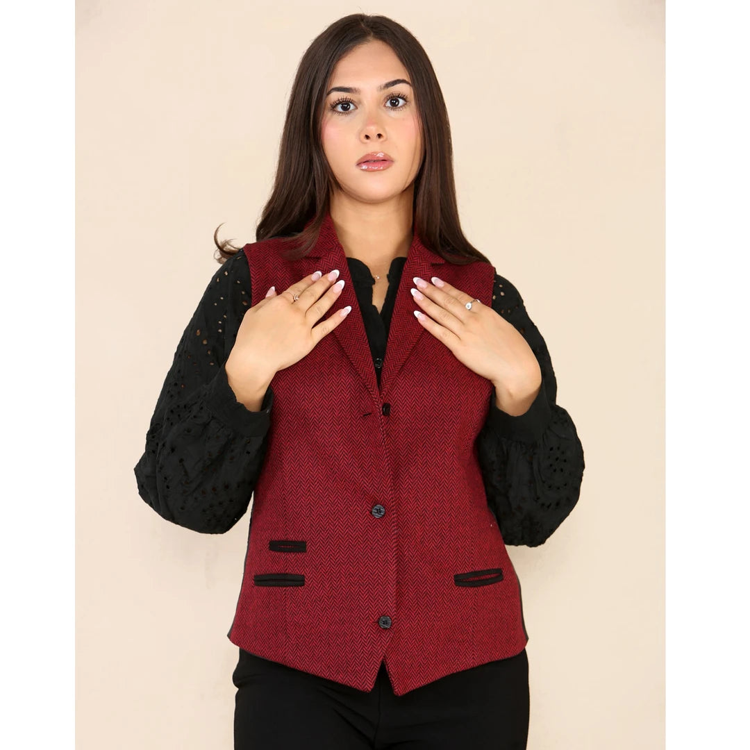 Women's Tweed Herringbone Wistcoat Blazer Jacket Wine Red Classic 1920s