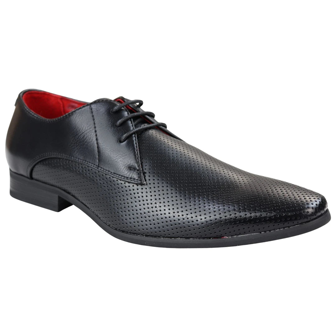 Mens Shoes Smart Formal Perforated Pointed Laced Black Leather PU