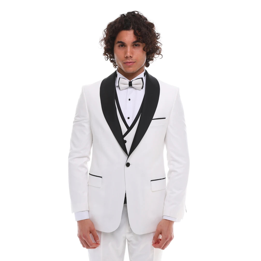 Smoking 3 pièces noir et blanc pour homme col châle rond gilet à veston croisé pour mariage soirée cérémonie