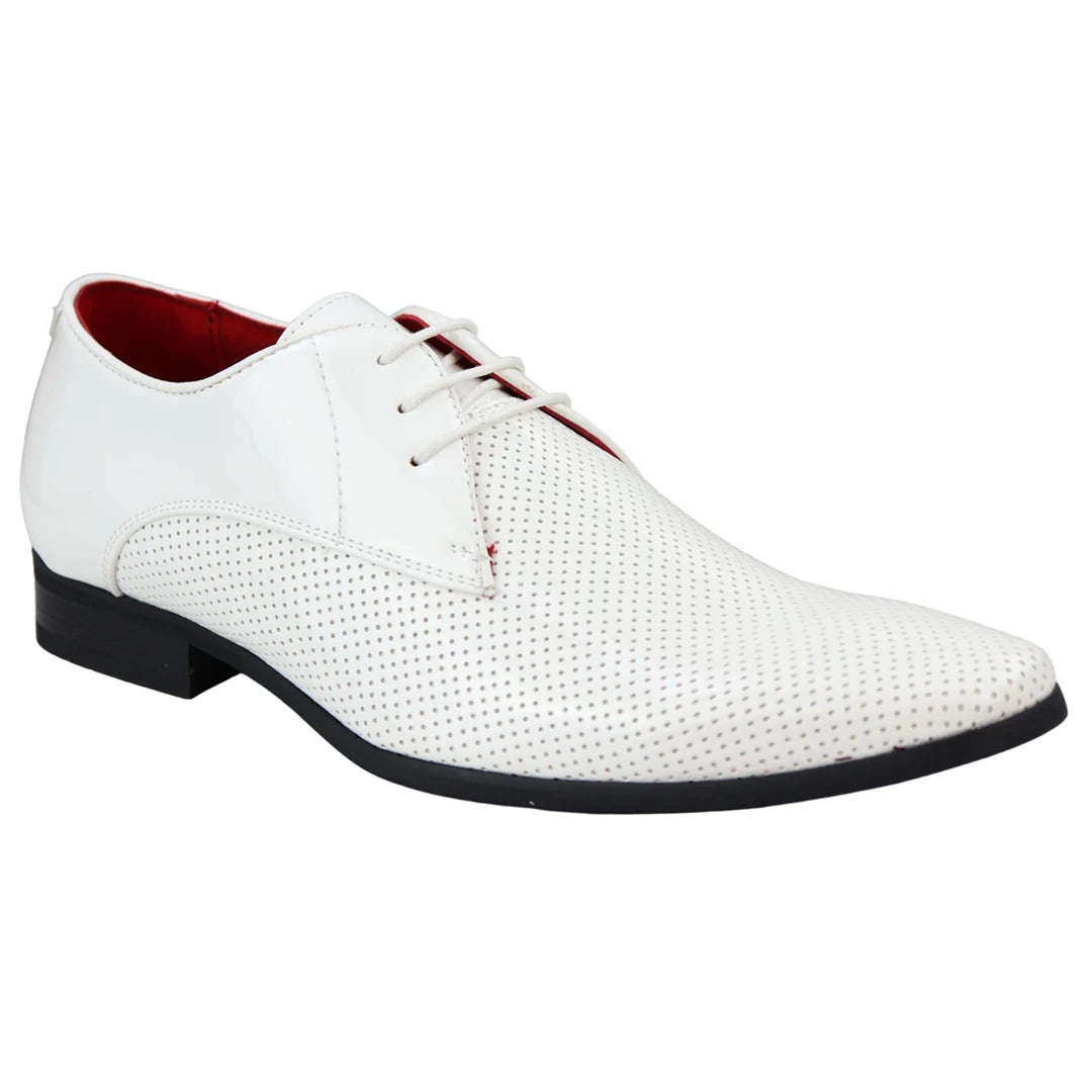 Mens Shoes Smart Formal Perforated Pointed Laced Black Red White Patent Leather PU