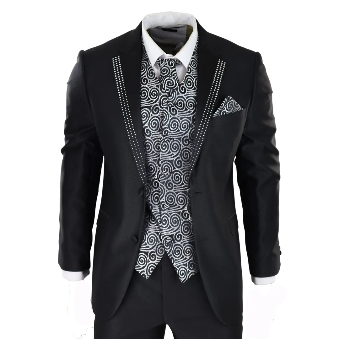 Costume pour homme 3 pièces noir avec cravate et gilet argenté et strass sur le col style témoin marié
