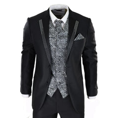 Men's Wedding 3 Piece Black Suit Silver Cravat Waistcoat Groom Bestman
