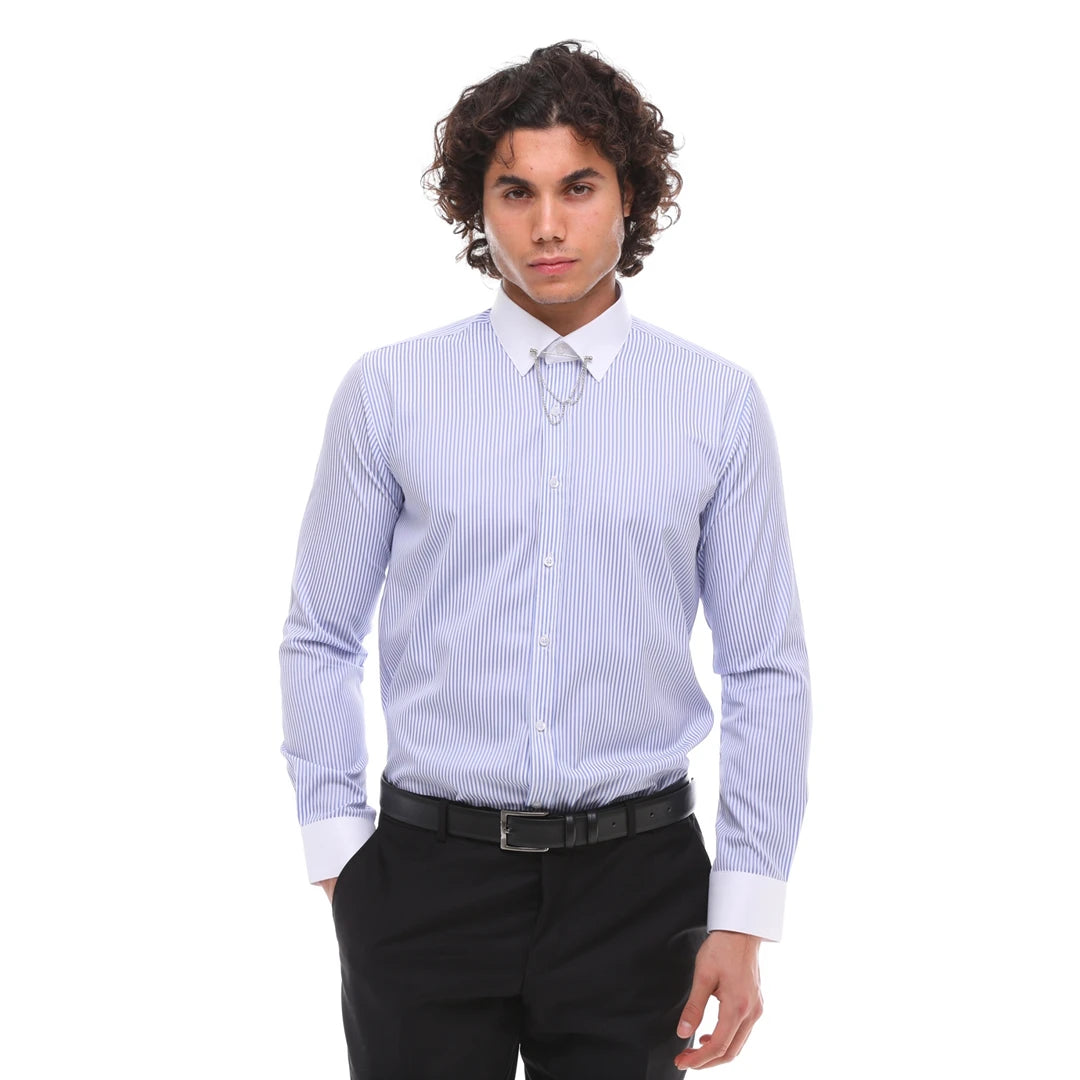 Men's Stripe Button Down Poplin Shirt With Bar & Chain Formal Classic