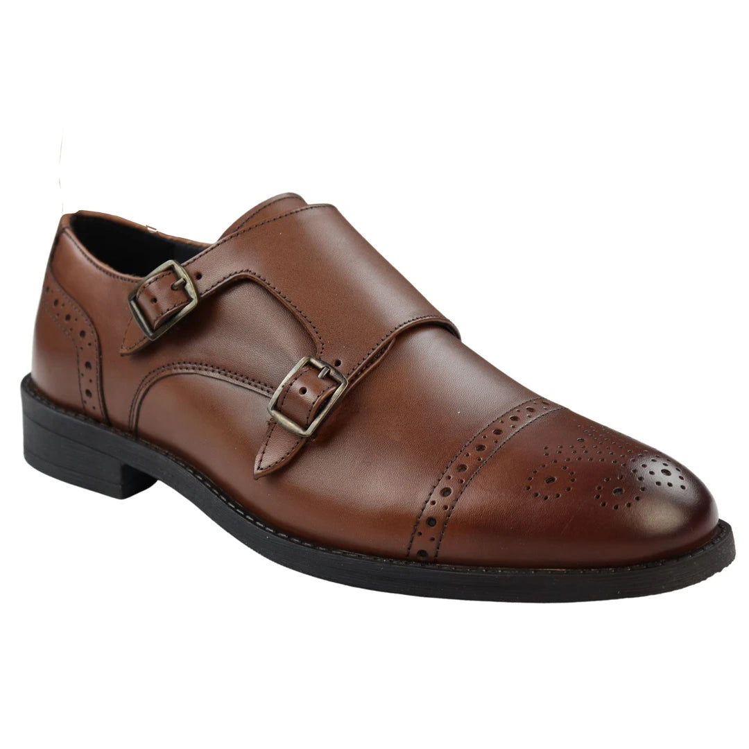 Mens Monk Shoes Black Tan Brown Classic Buckle Genuine Leather Smart Formal