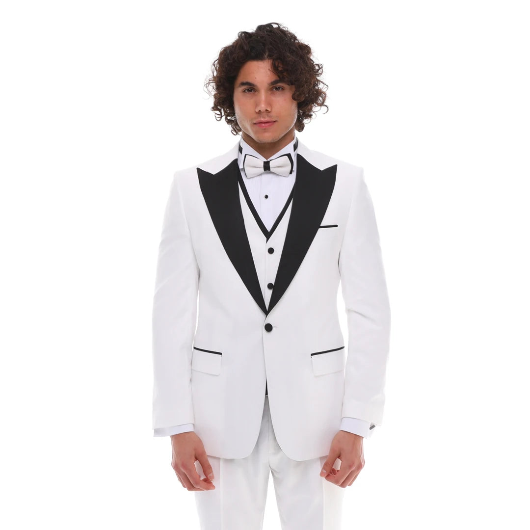 Herren 3 Teilig Dinner Anzug Hochzeit Prom Smoking Schwarz Krawatte Weiß Bond