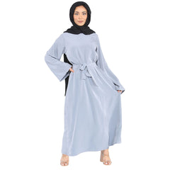 Damen Einfarbig Abaya Mit Gürtel Islamisches Sommerkleid Jilbab Robe Dubai Saudi Modest