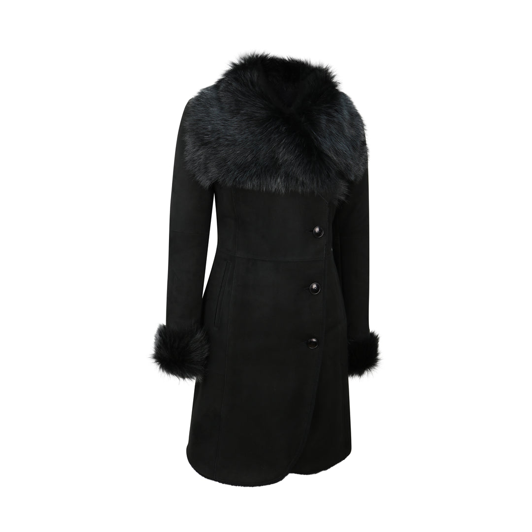 Ladies Real Sheepskin Jacket Suede Button Slim Fit 3/4 Long Trench Coat Designer