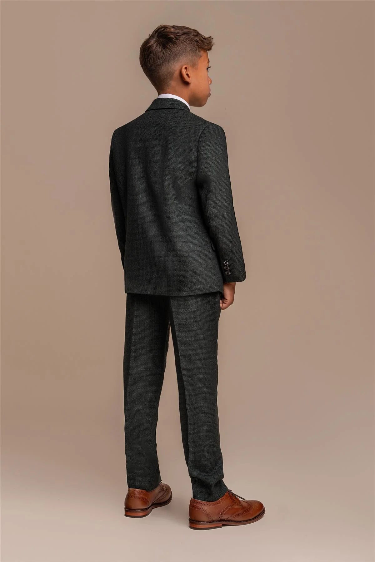 Caridi – 3-teiliger olivgrün karierter Tweed-Anzug für Jungen