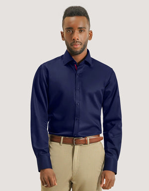 Men's Navy Designer Satin Dress Shirt - Brian Oak - 2