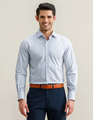 Men's Striped Cotton Dress Shirt – Blue and Mustard - Brian Oak - 2