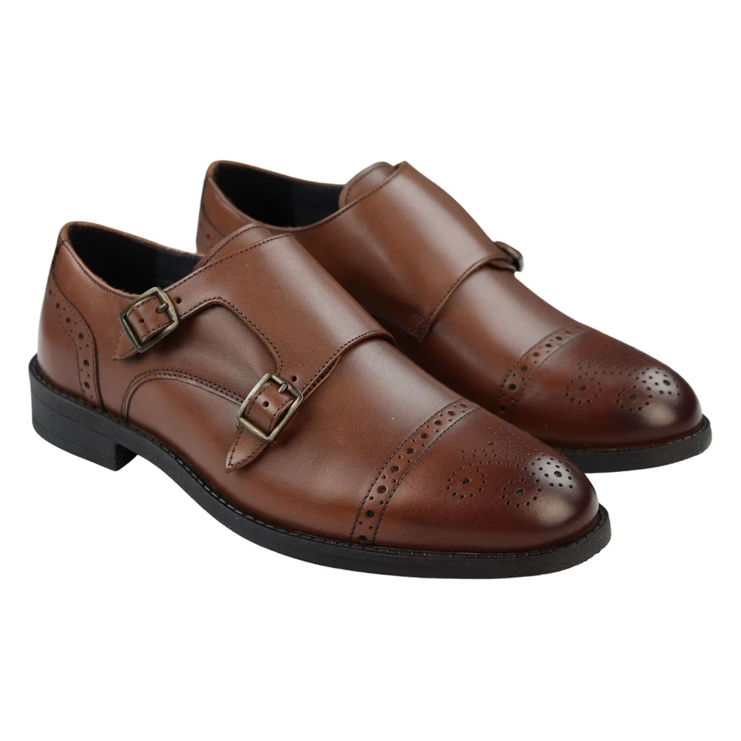 Mens Monk Shoes Black Tan Brown Classic Buckle Genuine Leather Smart Formal