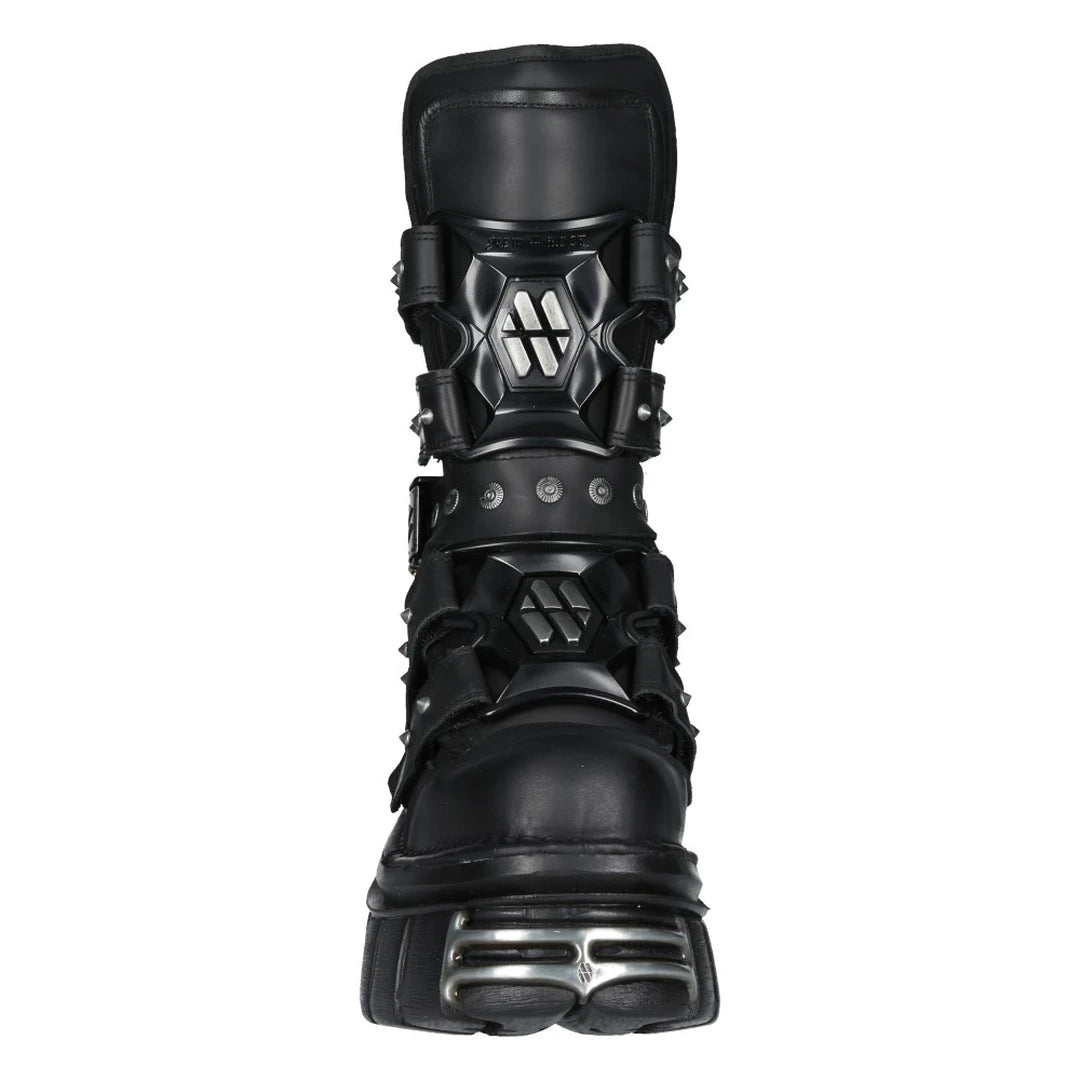 Bottes New Rock M-MET422-S1 boots unisexe cuir noir détails métalliques semelle compensée style gothique