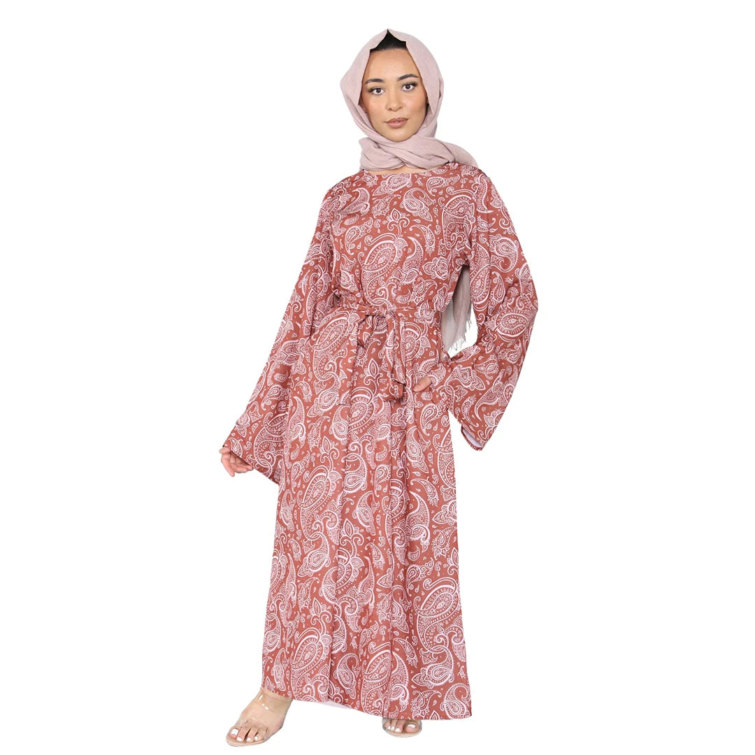 Women's Floral Paisley Abaya With Belt Islamic Summer Jilbab Robe