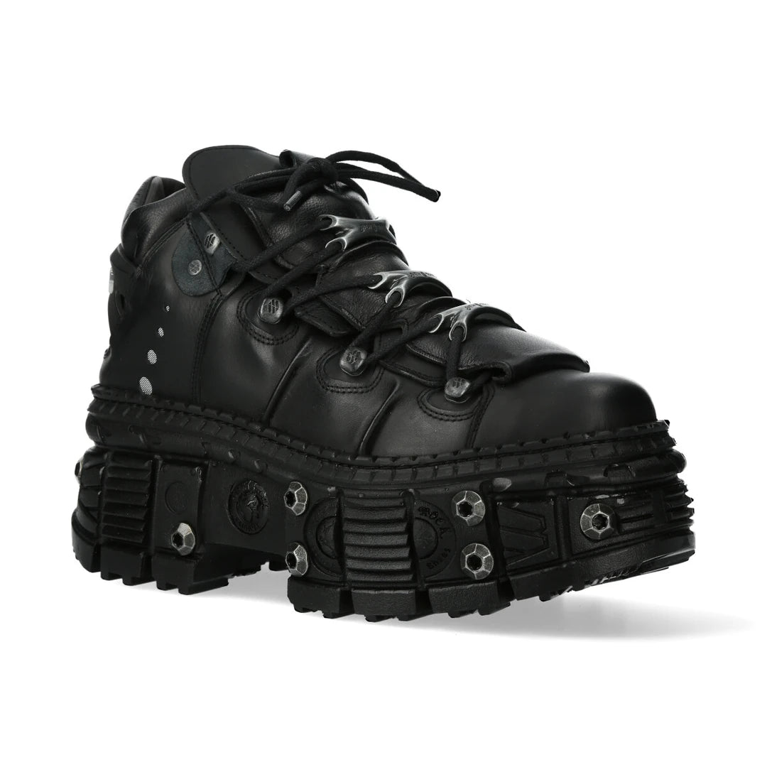 Bottines New Rock WALL106-S25 boots unisexe cuir noir détails métalliques semelle compensée style gothique