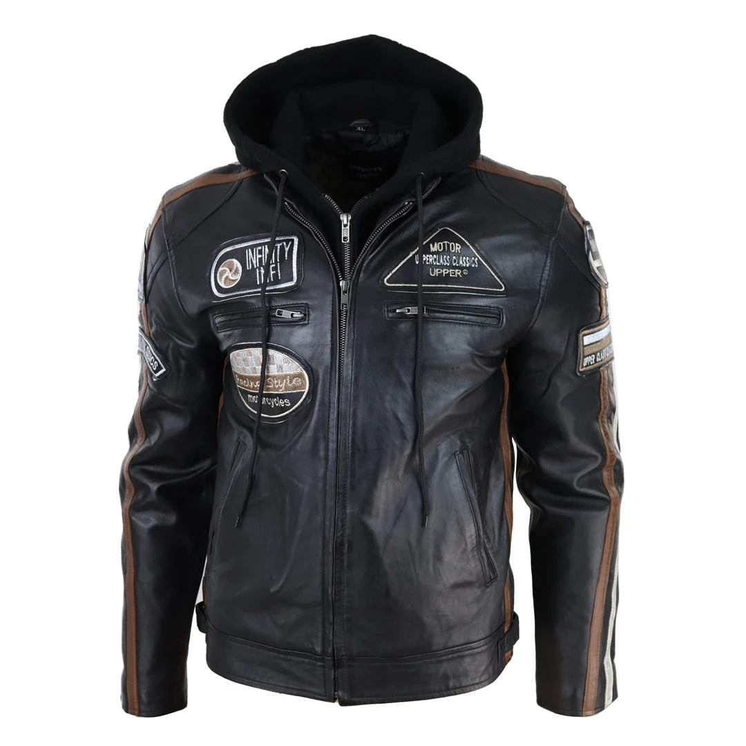 Men's Hooded Zipped Biker Leather Jacket