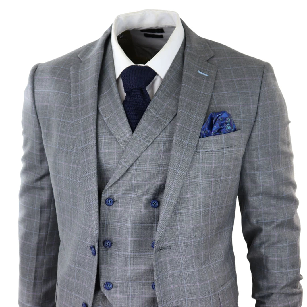 Costume 3 pièces pour homme tissu gris clair à carreaux bleus gilet double veston mariage bureau soirées