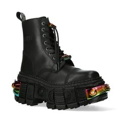 Bottines New Rock WALL83CCT-S8 boots unisexe cuir noir détails métalliques semelle compensée style gothique