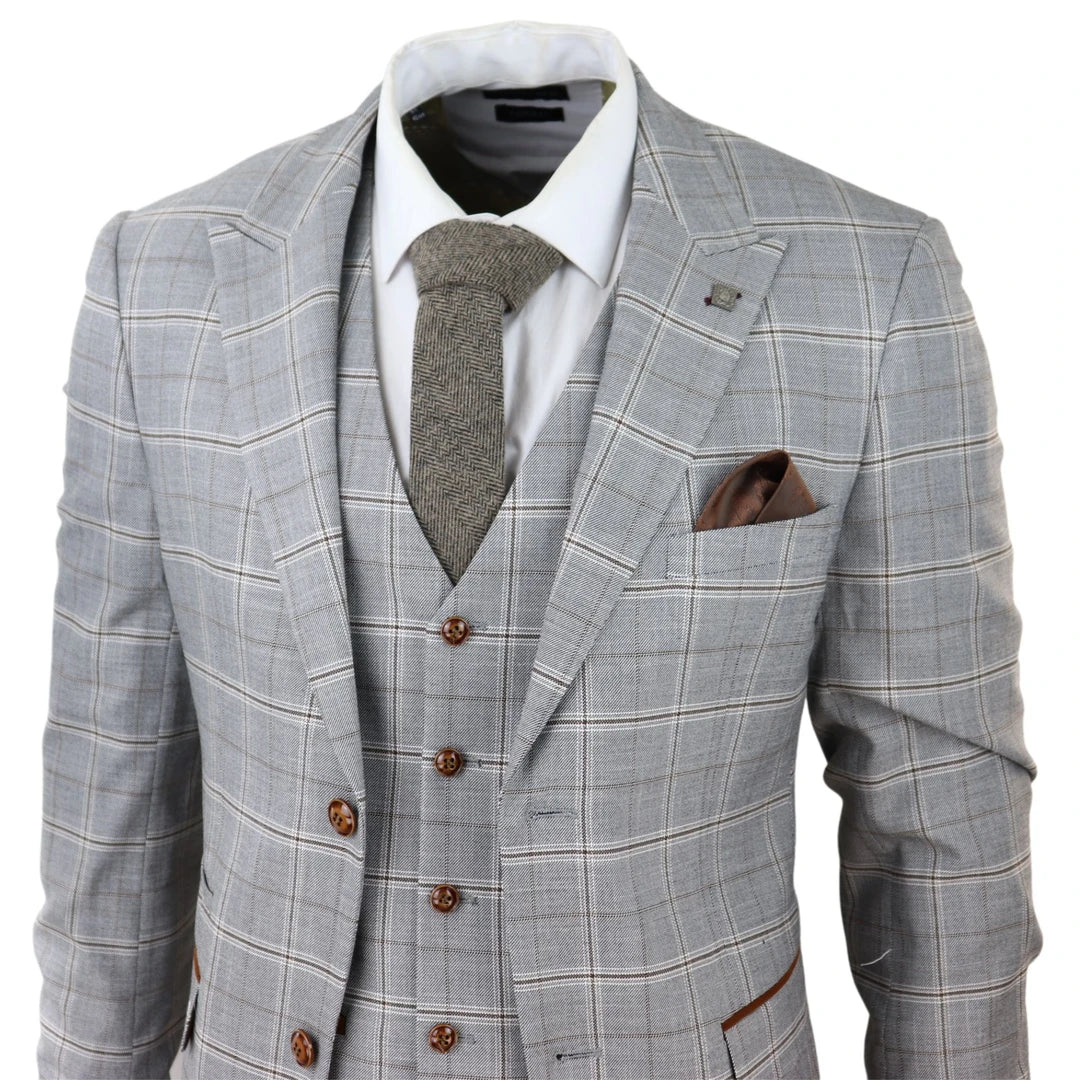 francis - Men's Grey 3 Piece Suit Tan Brown Check Velvet Trims Wedding