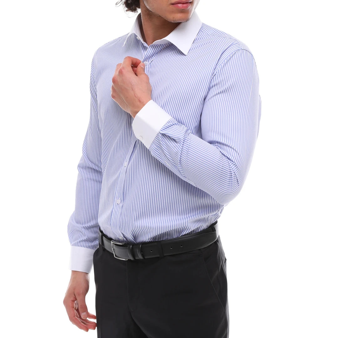 Chemise pour homme rayures fines style habillé formel classsique col blanc