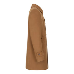 Men's Wool 3/4 Camel Tan Overcoat Classic Button Down Collar Shoulder Patch