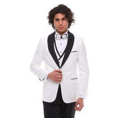 Traje de chal de 3 piezas para hombre: ideal para bodas, graduaciones y eventos elegantes. Incluye esmoquin con chaleco de doble botonadura en blanco y negro.