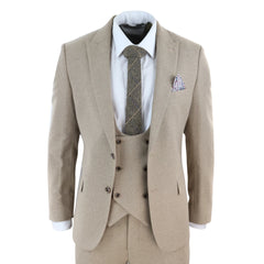 Herren Tweed 3 Stück Anzug Tan Oak Zweireihig Tailored Fit Hochzeit