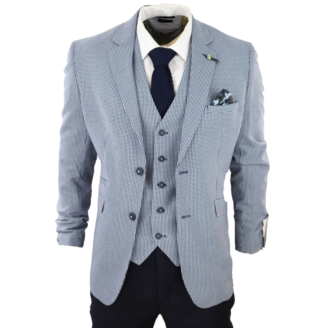 Costume gris et bleu marine 3 pièces pour homme style classique carreaux contrastés estival coupe ajustée