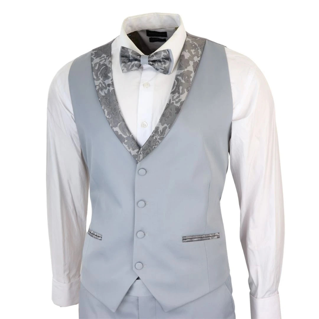 Men's Grey 3 Piece Tuxedo Suit With Matching Bow Tie