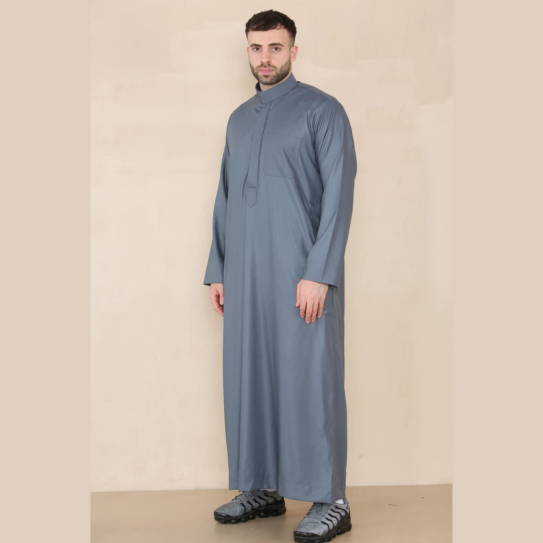Dishdasha thobe pour homme col indien vêtement musulman kaftan style saudi coupe slim ou standard