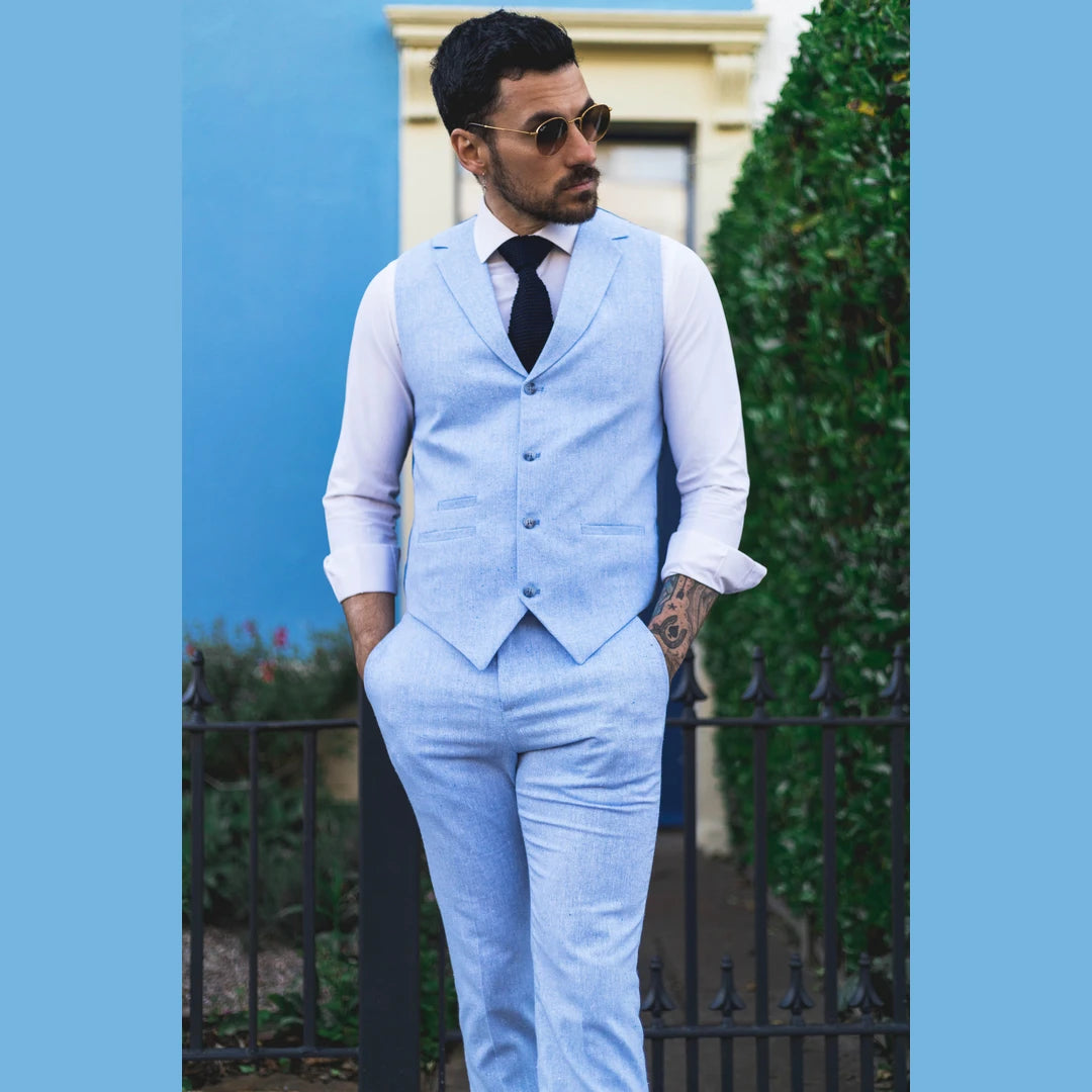 Costume estival pour homme gilet et pantalon en lin chic habillé bleu layette mariage