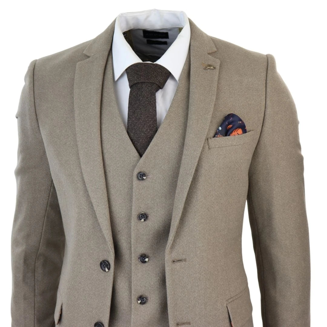 Costume pour homme 3 pièces beige tweed laine mélangée chevrons style habillé professionnel formel
