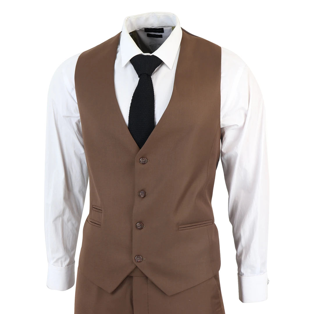 Costume classique pour homme 3 pièces marron coupe ajustée vintage pour le bureau mariage ou soirée