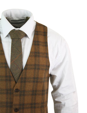 Mens Waistcoat Wool Check Herringbone Tweed Brown Black Classic Vintage Fit-TruClothing