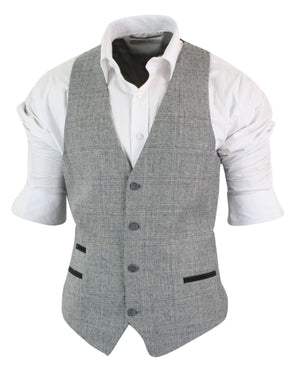Mens Waistcoat Wool Check Herringbone Tweed Brown Black Classic Vintage Fit-TruClothing