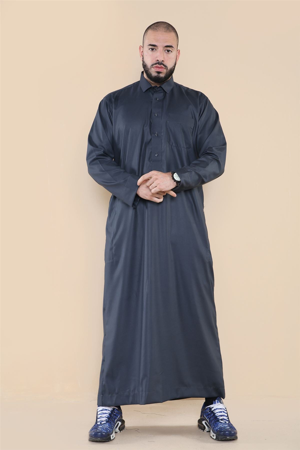 Dishdasha pour homme robe islamique musulmane arabe avec col remontable style kaftan thobe en coton