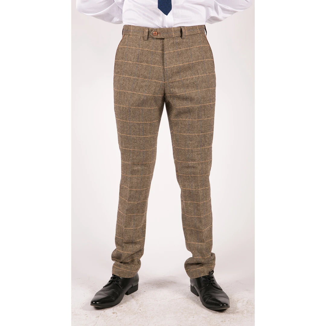 Blake - Men's 3 Piece Tweed Tan Check Double Breasted Suit