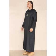 Men's Emirati Omani Thobe Jubba Islamic Clothing Muslim Kaftan Eid Robe Arab String Tassel