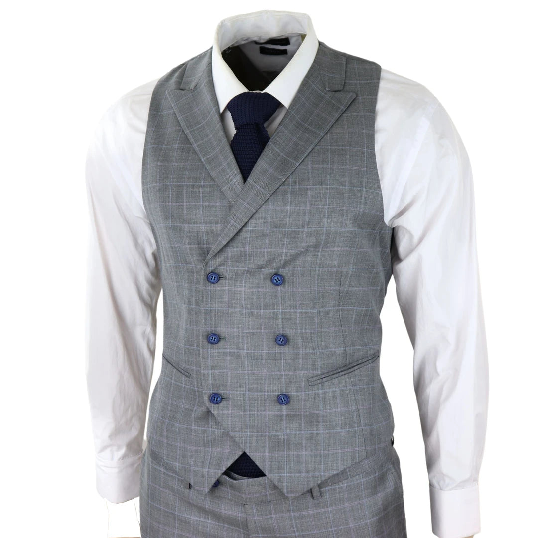 Men's Light Grey 3 Piece Suit Blue Check Double Breast Waistcoat Office Wedding Prom